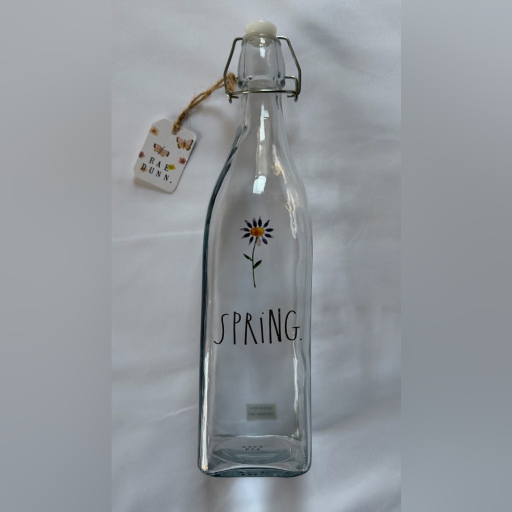 NEW Rae Dunn SPRING Clear Glass 1L Bottle Flower Bail & Trigger Swing Top